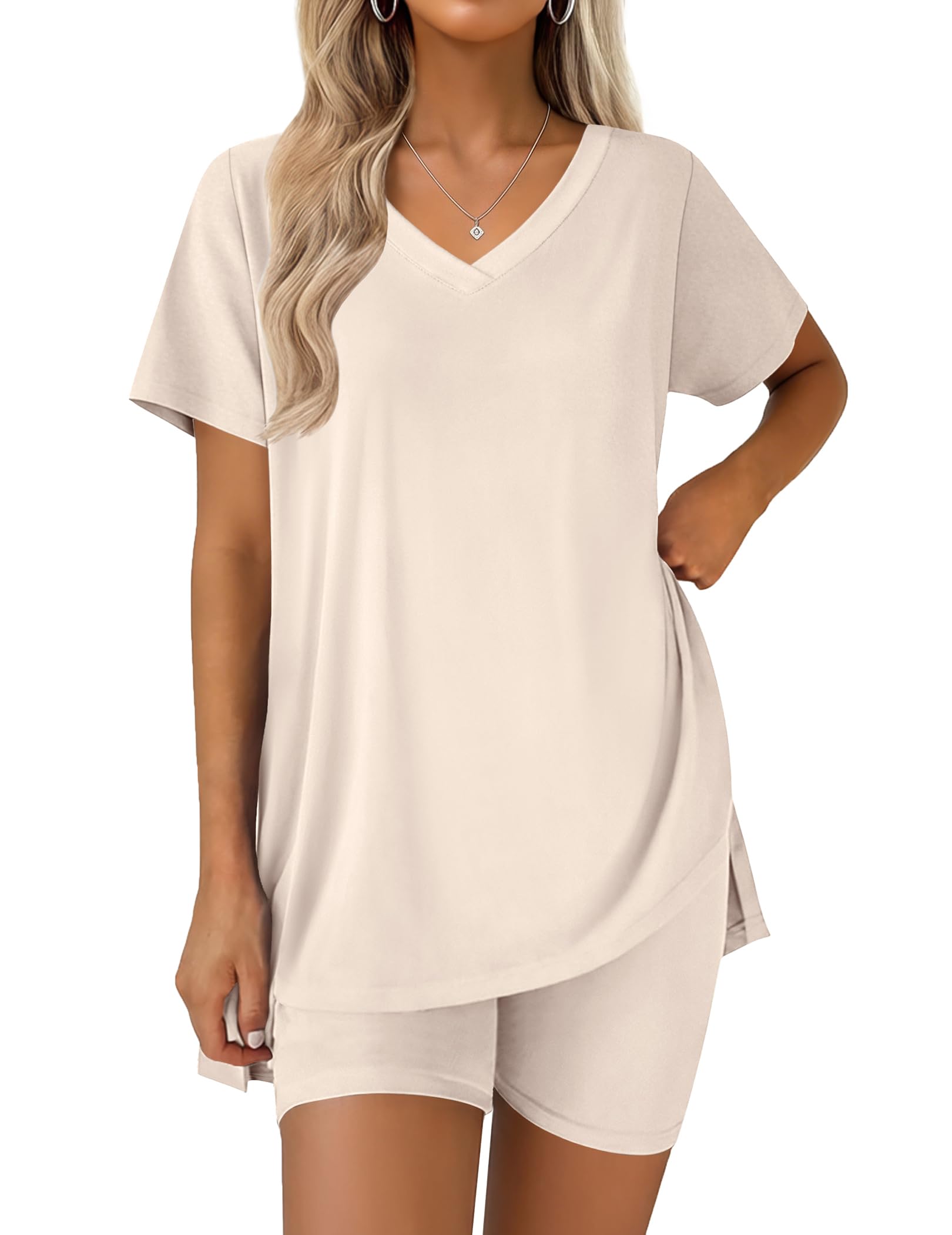 Ekouaer Pajamas for Womens Set 2 Piece Lounge Set Lightweight Summer Pjs Biker Shorts Sets V-Neck Tops Matching