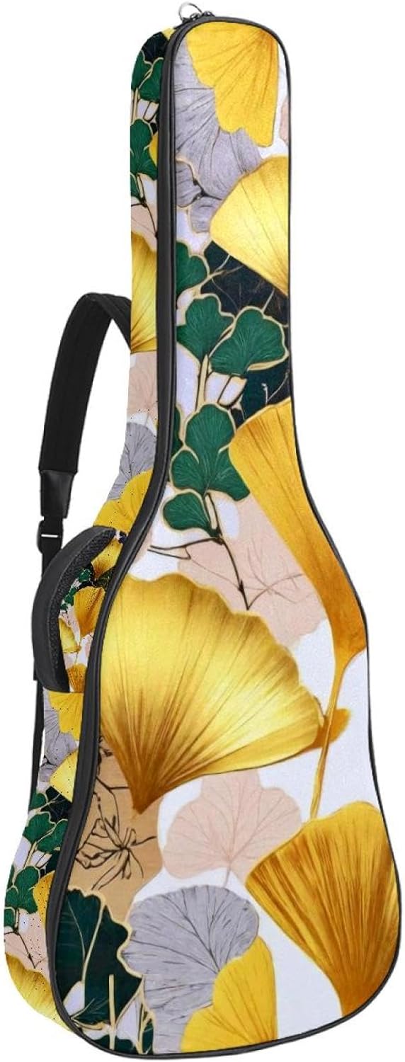 40 41 42 Inch Guitar Bags, Waterproof Padded Acoustic Guitar Case Backpack with Adjustable Shoulder Strap & Pockets, Gold Ginkgo Biloba