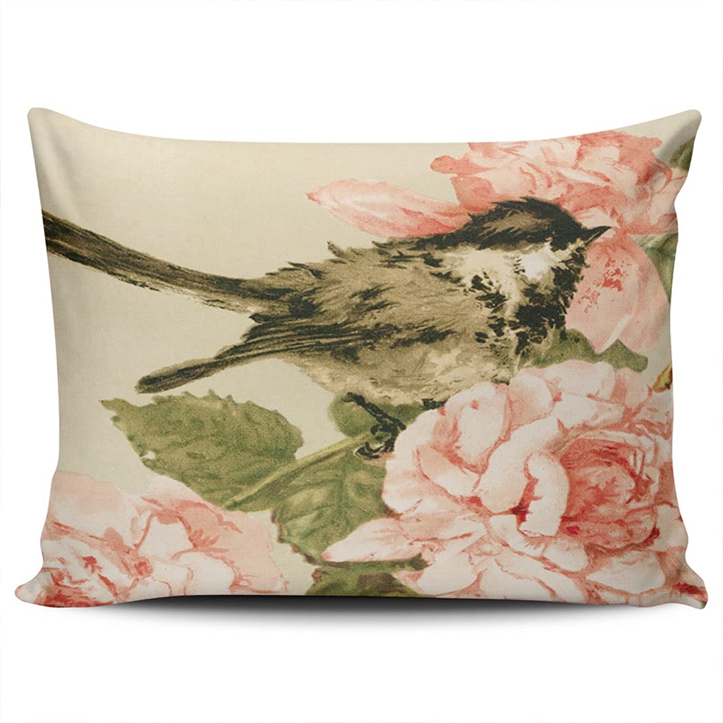 ONGING Pillowcases Decorative Vintage Black White Bird Blush Pink Roses Flowers Home Sofa Size 16x24 Inches Pillow Covers Cushion Case Two Sided