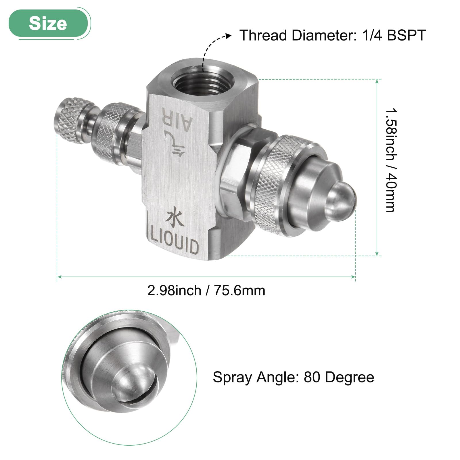 Boquilla de pulverización de aire, rosca hembra BSPT de 1/4", boquilla de pulverización de abanico plano de sifón de acero inoxidable de 80 grados, boquilla de flujo ajustable con cinta de sellado p