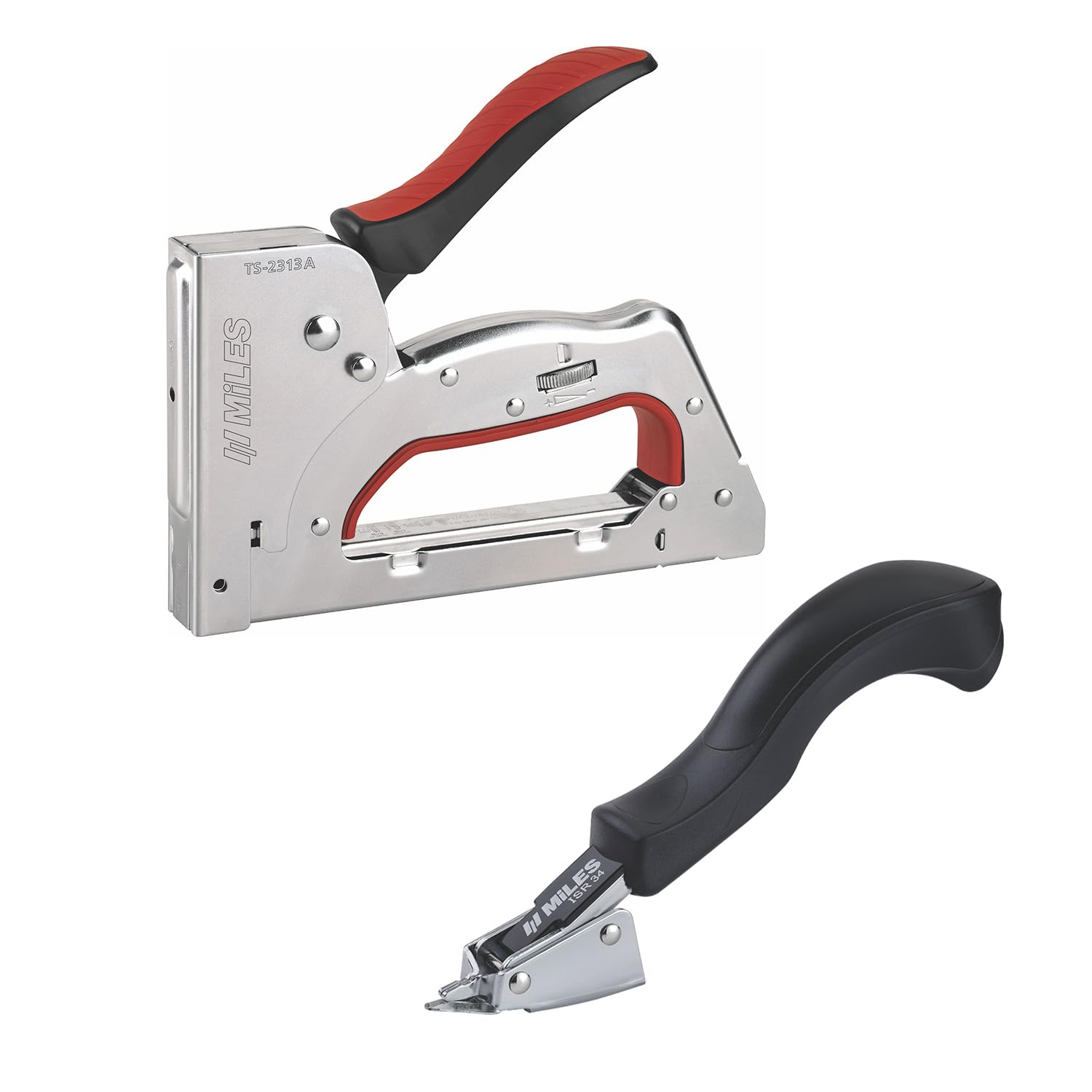 MILES Metal TS-2313A (3 in 1) Gun Tracker| Heavy Duty Staple Remover ISR -34| Manual Lock | Silver body Red handle Color | Textile | Leather | Sofa Car Seat Stapler