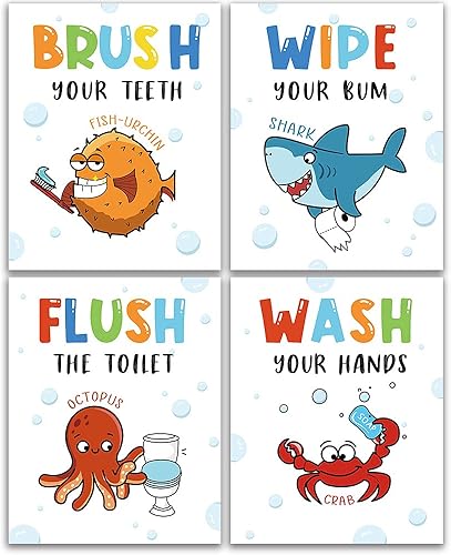 Miniatura 7 de IIILUYOT Divertidas reglas de decoración de baño de Sea Critters, juego de 4 impresiones artísticas de tiburón oceánico (8 x 10 pulgadas), póster