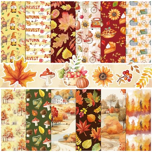 Konsait 24 Sheets Fall Scrapbook Paper 11.8x11.8 Autumn Pattern Paper Fall Harvest Craft Cardstock Maple Leaf Pumpkin Decorative Papers Thanksgiving Scrapbook Supplies