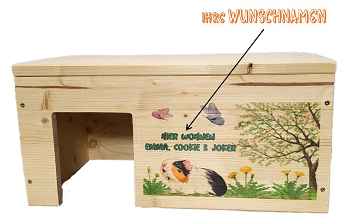 Nagerstore Meerschweinchenhaus Personalisiert mit Wunschnamen ihrer Meerschweinchen mit 2 Eingängen, Holzlasur & Aufklappbar / 45x25x22cm