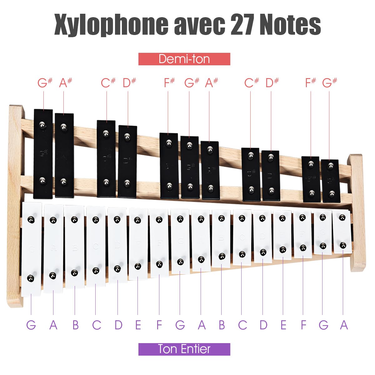 COSTWAY Xylophone à 27 Notes en Aluminium avec 2 Maillets & Cadre en Bois, Chromatique Glockenspiel avec Sac de Transport, Instrument de Percussion pour Adultes et Enfants