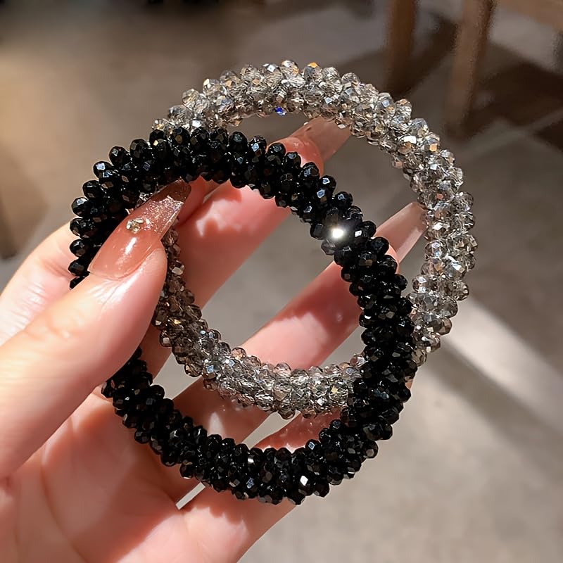 2-Pack Crystal Hair Ties & Bracelets Set for Women, Rhinestone Elegant Bun Maker Hair Accessories, Double Wear Elastic Ponytail Holder for Gift