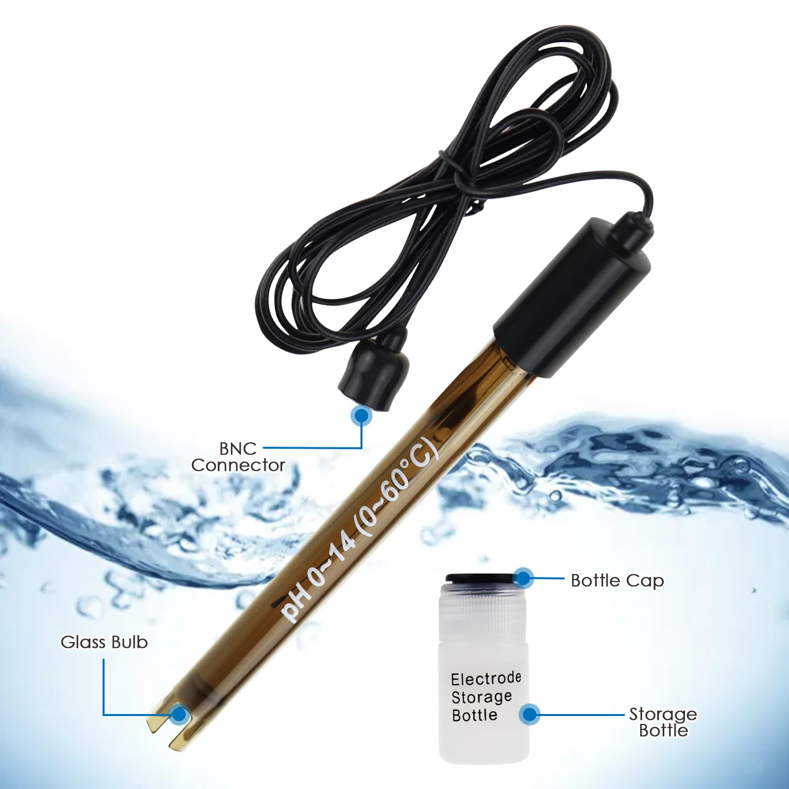Câble d'électrode pH de remplacement, sonde 0-14pH avec connecteur BNC, 200 cm, pour tester les liquides : océan, eau de mer, pluies acides.