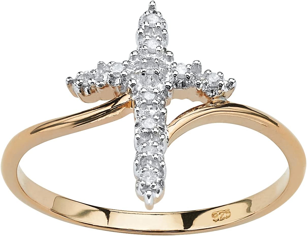 18K Yellow Gold over Sterling Silver Genuine Diamond Accent Cross Ring