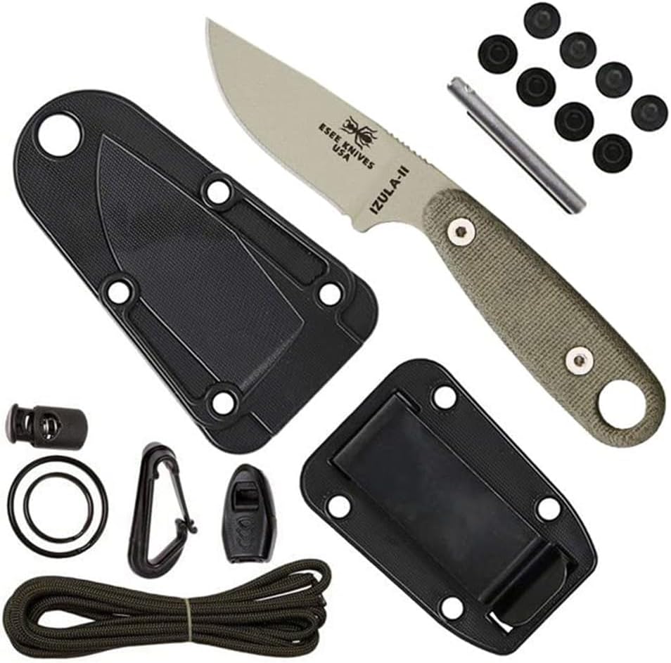 ESEE Izula-II Mounted Blade Knife, Survival Package, Ambidextrous Sheath, Belt Clip, Made In USA (Desert Tan Blade/Black Sheath/Survival Package)