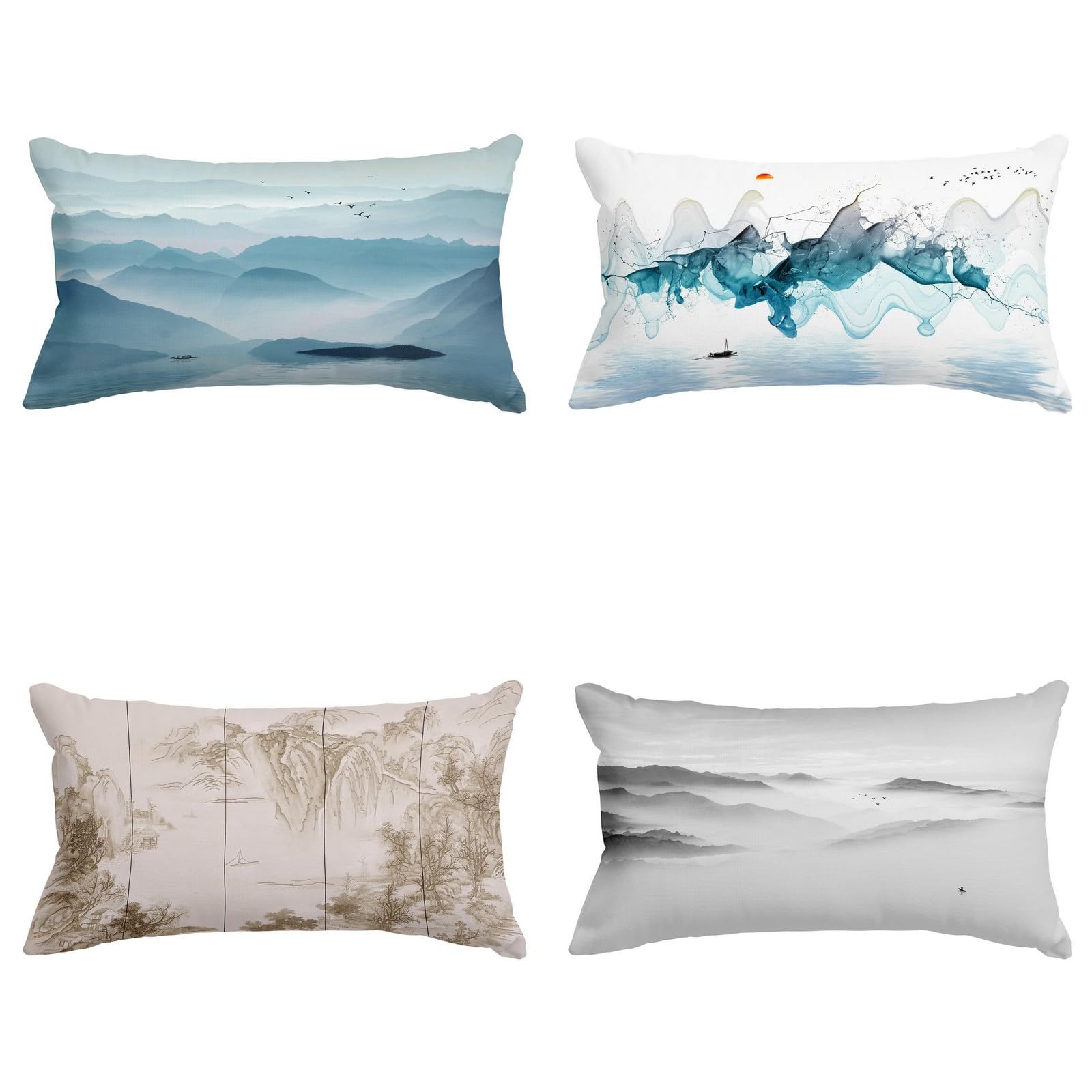 Peinture Feng Shui chinoise en housse de coussin CEVAN lot de 4 pour un salon serein