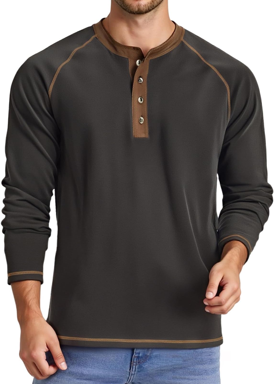 AulemenMens Henley Shirts Long Sleeve Casual Button T-Shirts Cotton Basic Tee Shirts Slim Fit Raglan Sleeve Vintage T Shirts