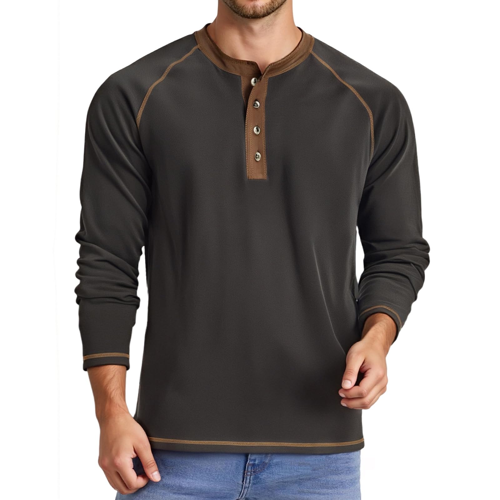 AulemenMens Henley Shirts Long Sleeve Casual Button T-Shirts Cotton Basic Tee Shirts Slim Fit Raglan Sleeve Vintage T Shirts