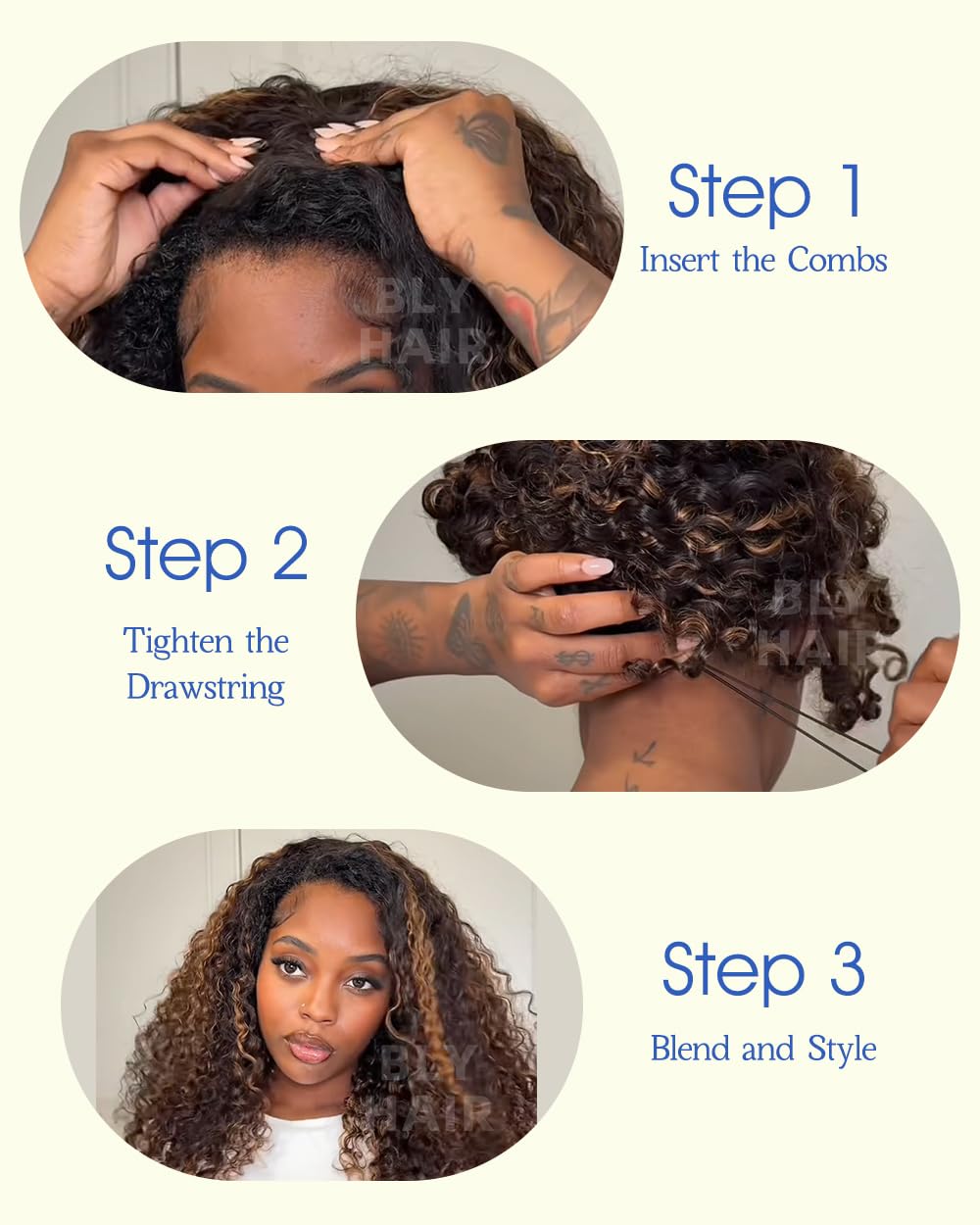 BLY Highlight Water Wave Half Wig Human Hair 3 in 1 Glueless Drawstring Flip Over Wear Go Wig for Women 1B 30 Color 180 Density Short Bob Wigs 14 Inch