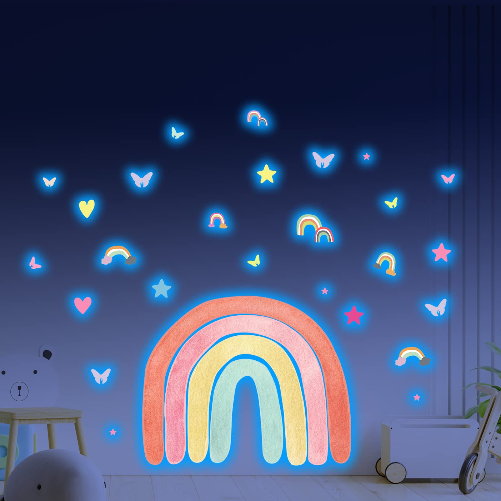 Wandtattoo Kinderzimmer Orange Grün Regenbogen Leuchtsterne Kinderzimmer Wandsticker Wandsticker Kinderzimmer Glow in the Dark Wandtattoo Kinderzimmer Mädchen Junge für Wanddeko Geschenke 3 Stück
