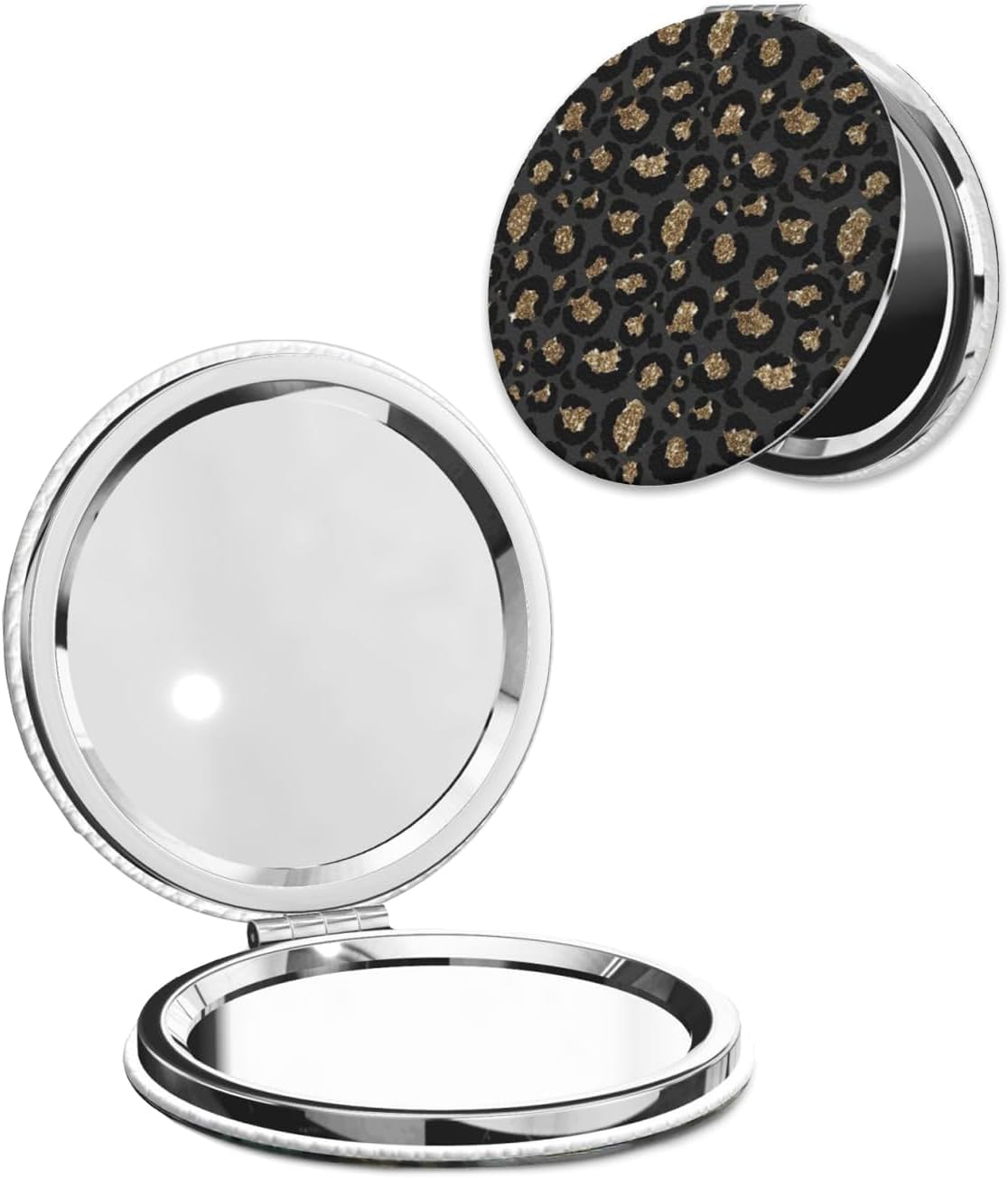 LOPIOIO Compact Pocket Mirror, 1X/2X Magnifying Round Mirror for Girls Women, Portable Pu Leather Makeup Mirror for Handbag, Purse, Travel - Black