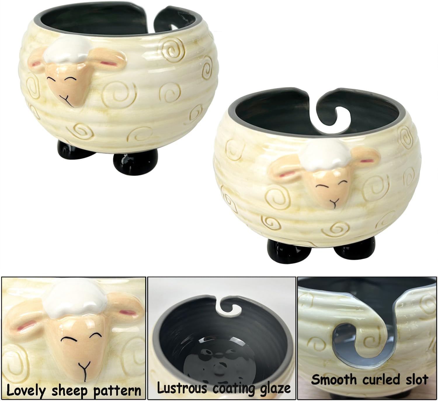 Ceramic Wool Holder, Sheep Shape Handmade Craft Knitting Yarn Storage Bowl with Holes, 6.7x4.7inch Knitting Sewing Yarn Holder Cartoon Crochet Bowl for Christmas Day