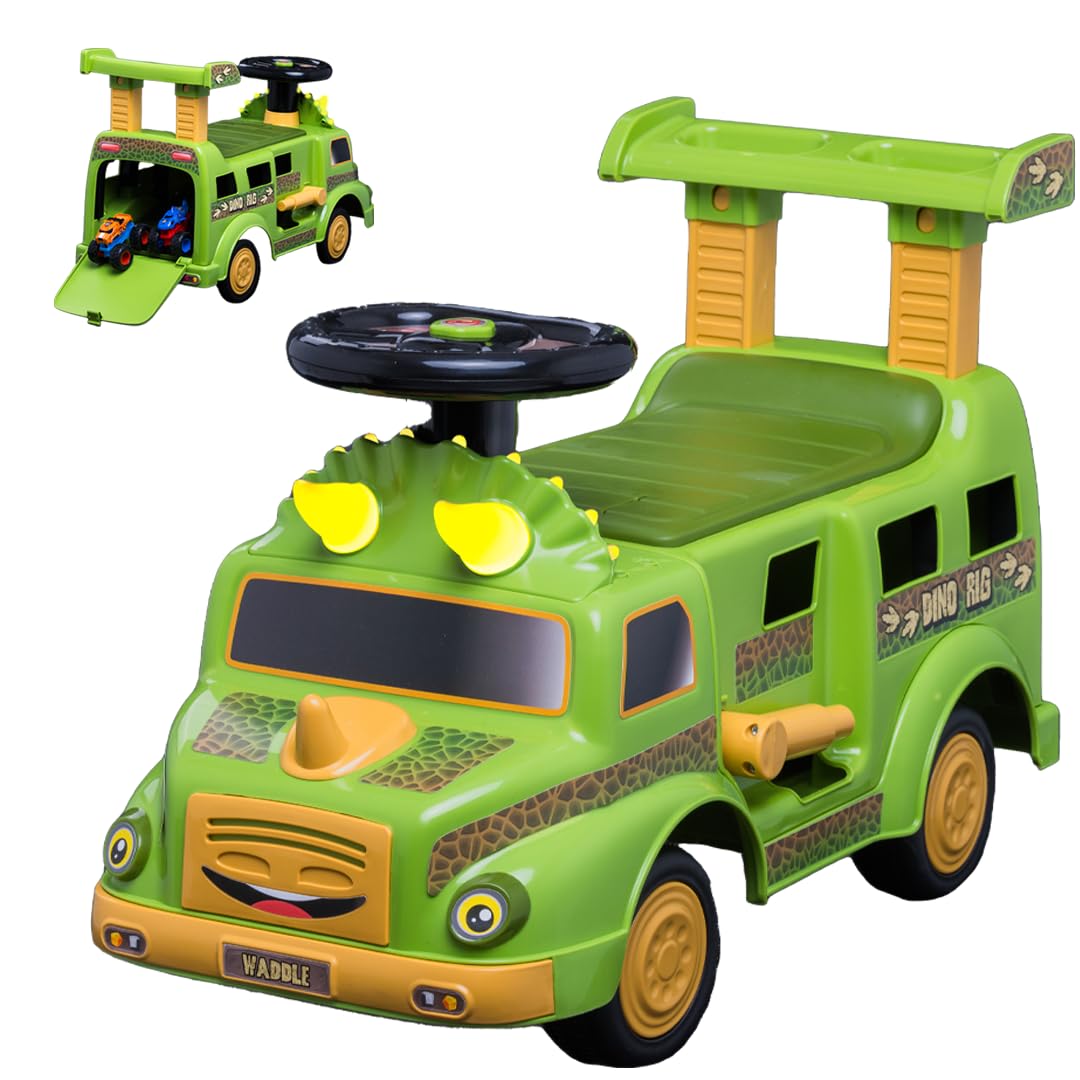 WADDLE Dinosaur Toys for Kids - Ride On Cars for Toddlers 1-3, Dino Rig Transporter Includes 2 Monster Rigs, Lights, Sound, Interactive Kids Toy, Indoor, Outdoor Toddler Toys, Up to 44 lbs
