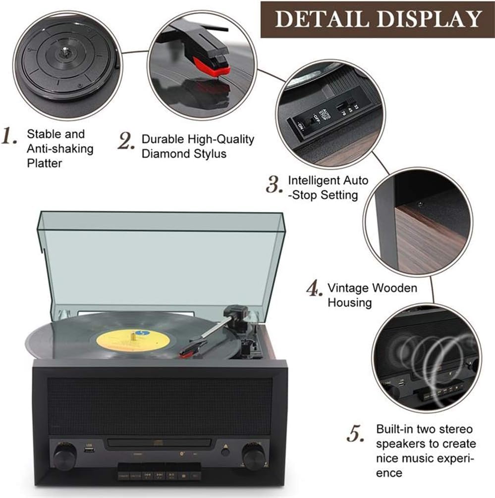 Reproductor de discos de vinilo retro, compatible con reproducción de discos de vinilo de 12/10/7 pulgadas, tocadiscos con altavoces estéreo integrados, compatible con reproducción de discos U y