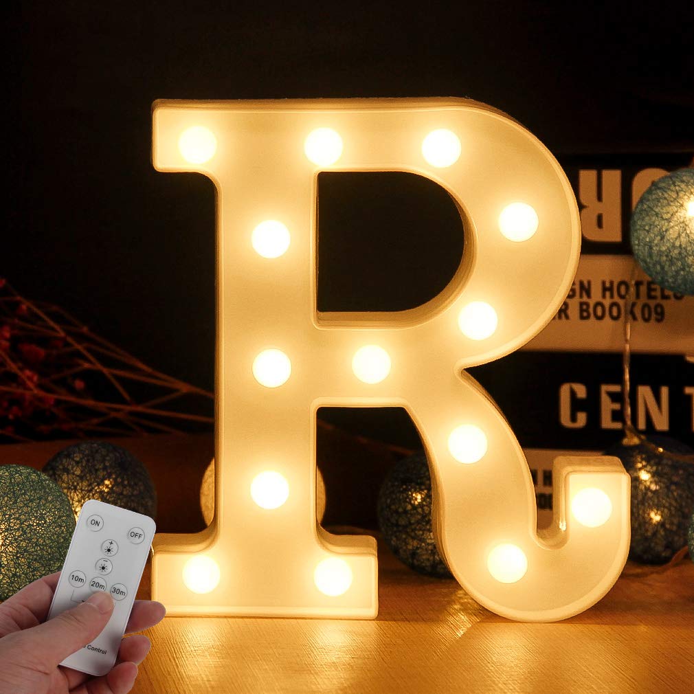 Letter Lights LED Marquee Letters Lights with Remote Control Plastic Marquee Table Lamps Battery Powered for Wedding Christmas, Home Decor bar Party Wall Hanging Decor Letter Sign(WHATOOK) (R)