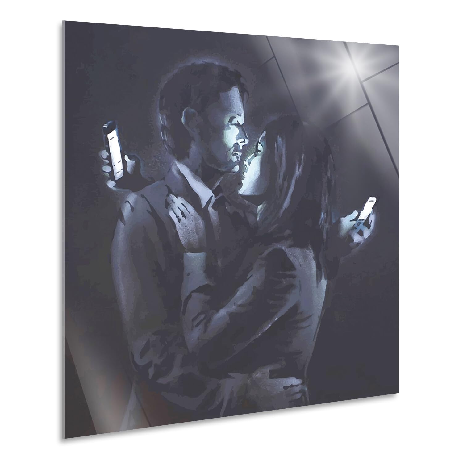 Giallobus - Quadro - Banksy - Amanti al cellulare - Vetro acrilico - 50x50 - Pronto da appendere - Quadri moderni per la casa