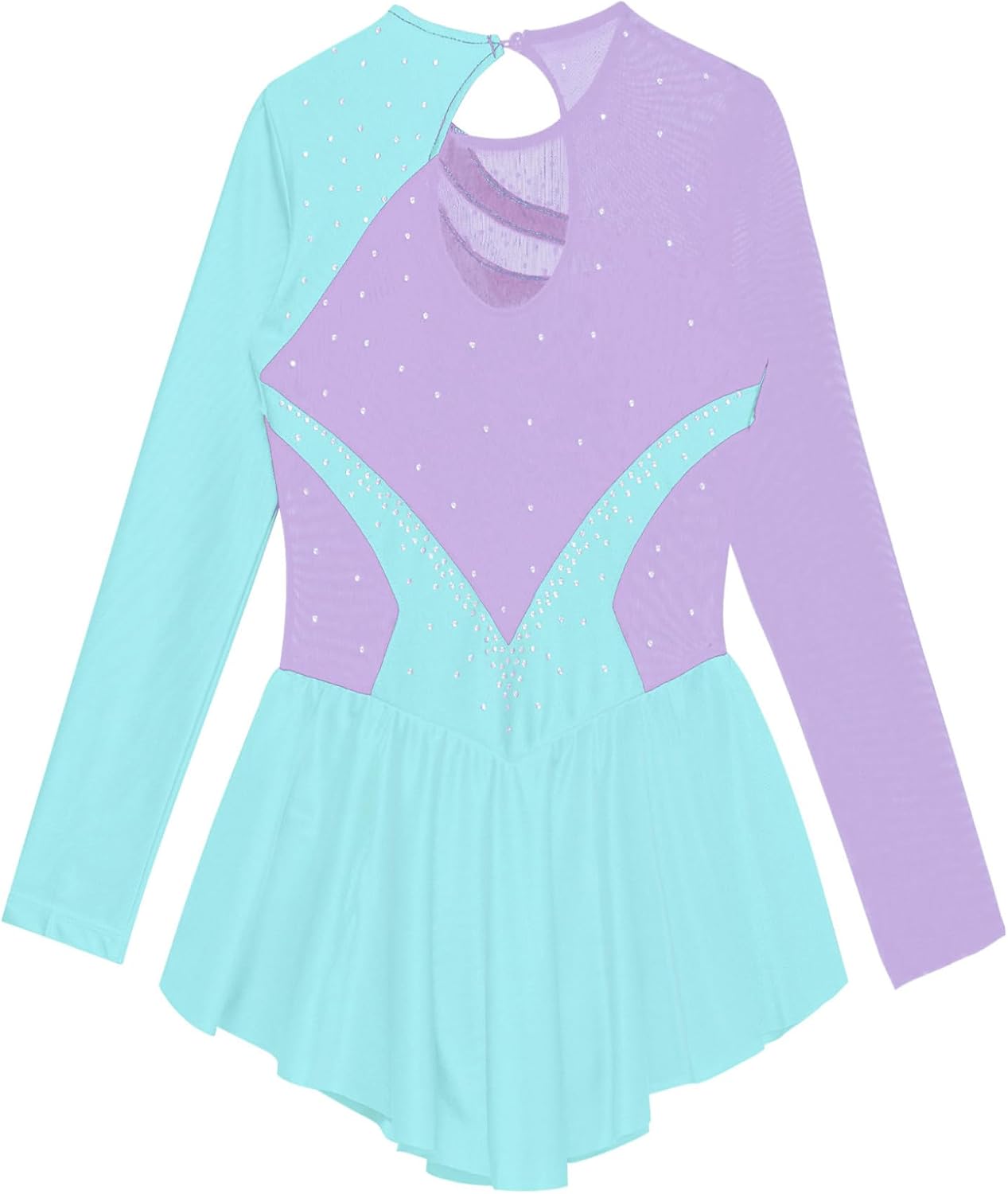 JanJean Kids Girls Figure Ice Skating Dress Long Sleeve Sparkly Rhinestone Mesh Splice Gymnastics Leotard Dress Dancewear