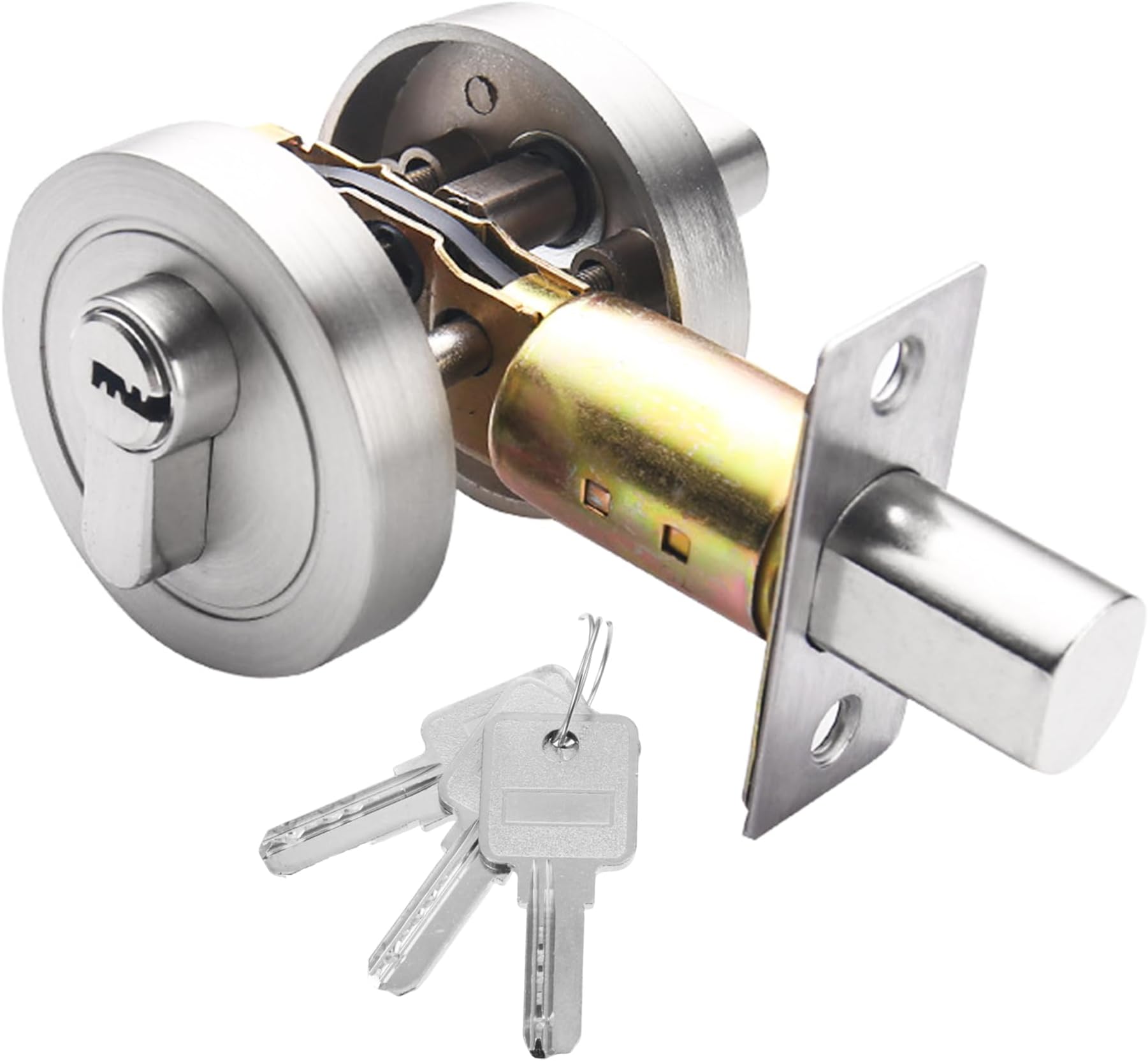 Single Cylinder Deadbolt Round Security Door Lock with Key - Zinc Alloy Deadbolt Standard Size for Bathroom, Bedroom, Entrance Doors - Interior and Exterior (Silver)