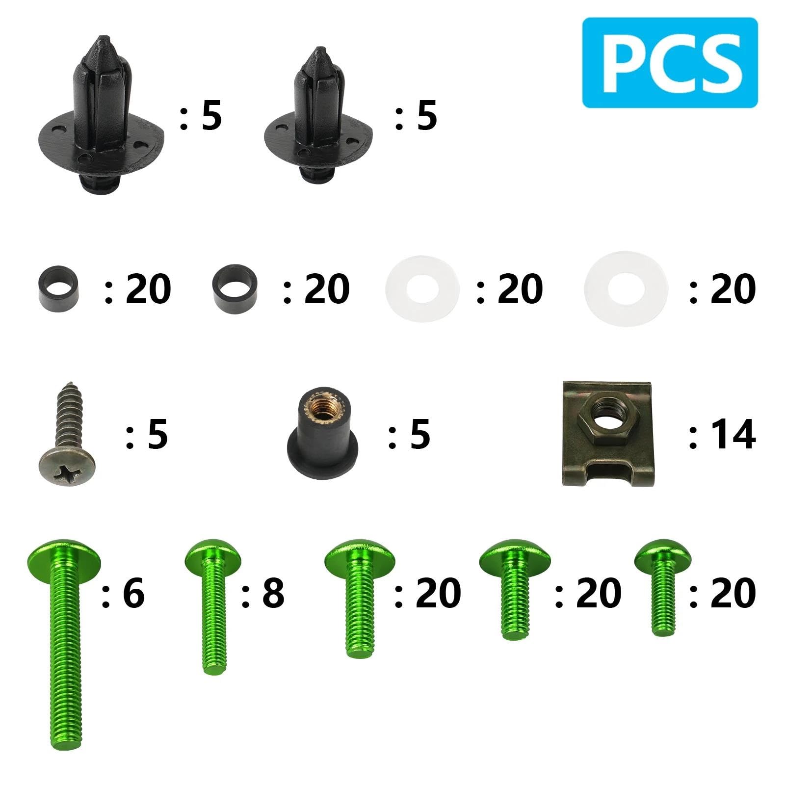 Kit Di Bulloni Per Carenatura Da 190 Pezzi Per CBR1000F Per CBR929RR Per CBR954RR Bulloni Viti Elementi Di Fissaggio Dadi Clip Vite Viti Per parabrezza Moto Fissaggio(Verde)