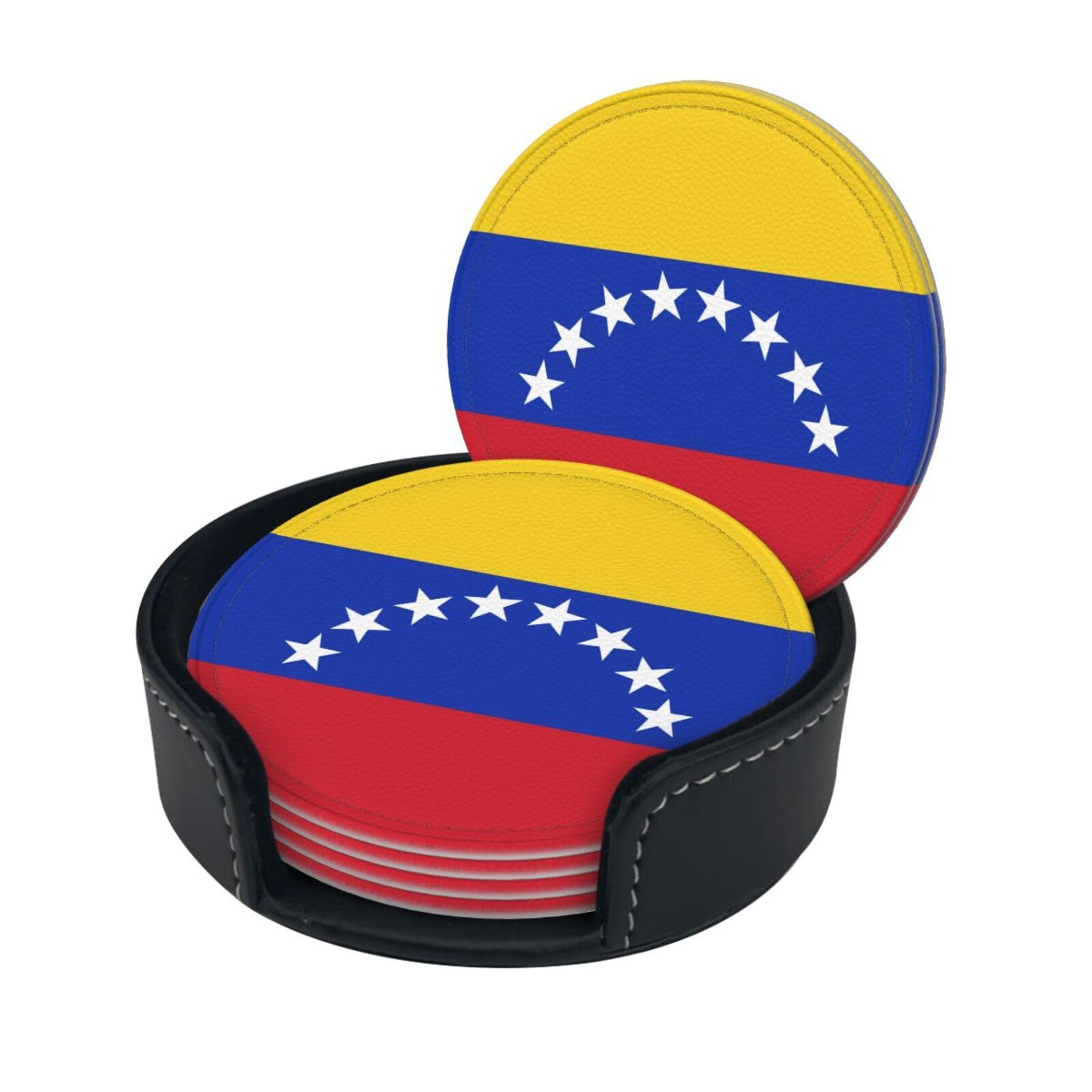 Flag of Venezuela Drink Coasters Set of 6 with Holder Decorative Round Cup Coasters for Coffee Table Kitchen Office Bar
