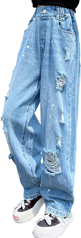 Girls Wide Leg Ripped Jeans Kids Baggy Elastic Waist Washed Denim Pants 5-14 Years