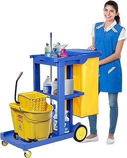 tonchean Kommerzieller Hausmeisterwagen, 3 Ablagen, Reinigungswagen, 90 kg, große Kapazität, Hausmeisterwagen, Rollen, mit gelber Vinyl-Tasche und Deckel, blau