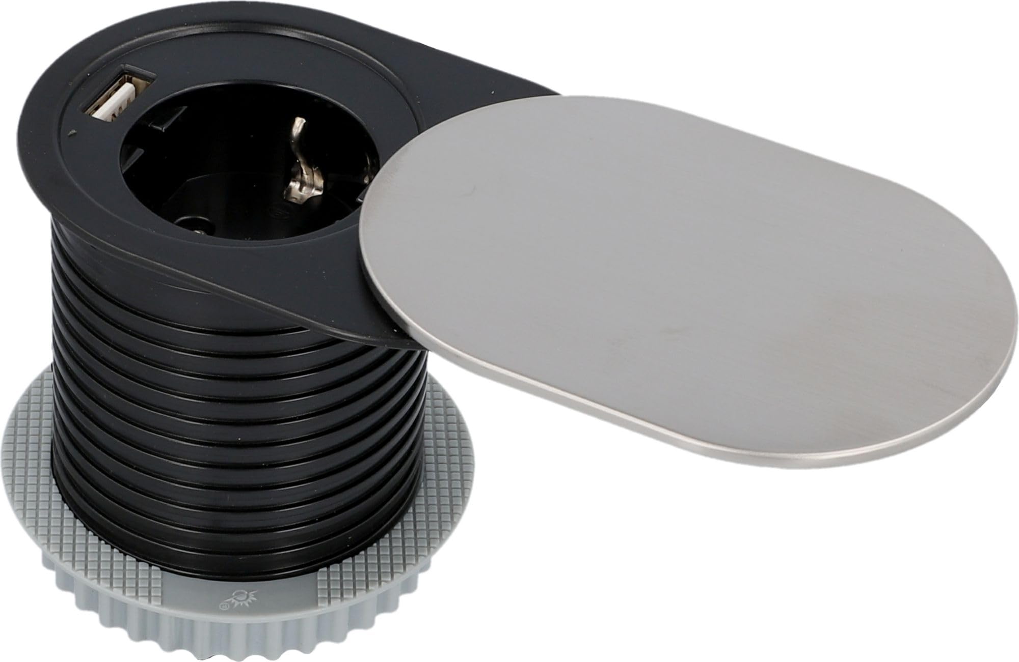 UNITEC Presa da incasso per piano da tavolo, presa da tavolo, 1 presa Schuko + 1 USB, dimensioni compatte, facile installazione, protezione tramite coperchio scorrevole in acciaio inox