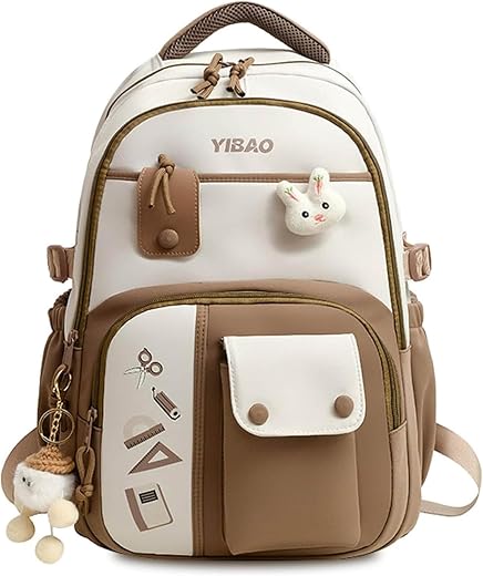 Aximoz Cute School Backpack for Girls – Stylish Pink & White Large Capacity Bookbag with Plush Keychain, Multiple Pockets,...