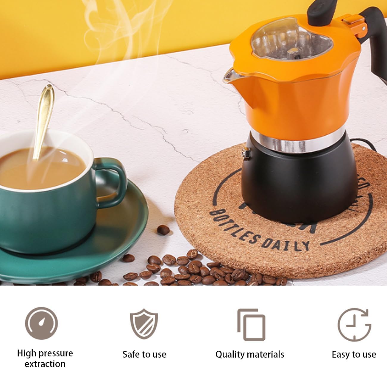6 Cups Moka Pot with Transparent Glass Lid, 300ml Aluminum Stovetop Espresso Maker, Classic Stovetop Espresso and Coffee Maker for Home, Kitchen, Camping, Travel (Orange & Black, 6 Cups)