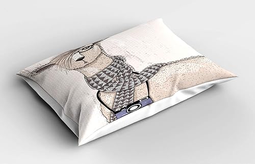 Miniatura 2 de Ambesonne Funda de almohada de animales, llama con bufanda y gafas, animal hipster sobre un fondo beige punteado, funda de almohada decorativa de