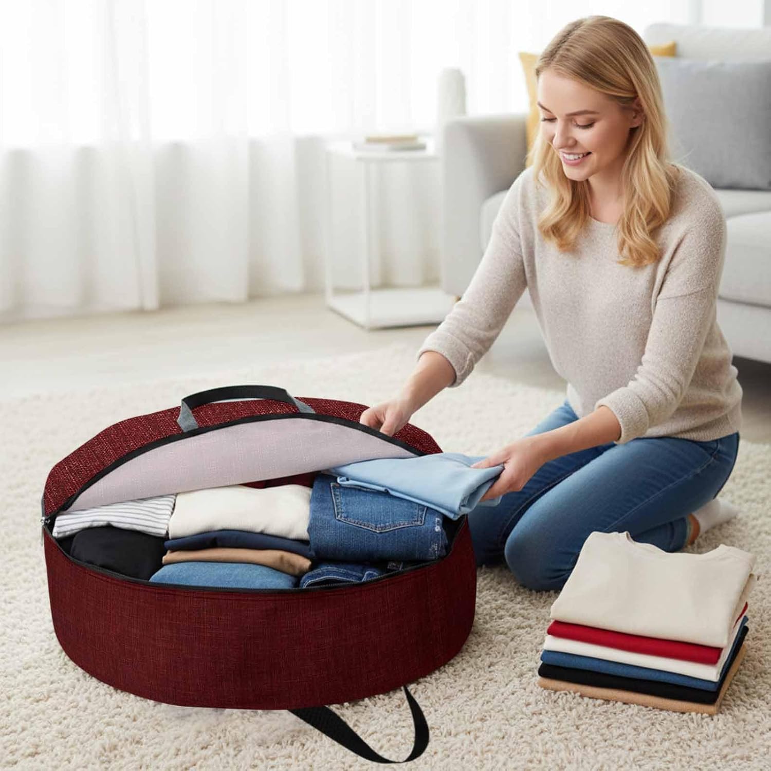 Storage Bag Wine Red Linen Round Storage Totes Bins Closet Organizers with Zippers & Handle Farmhouse Pure Color Clothes Storage Container for Bedroom Dorm Space Saving Packing Supplies Moving Bags