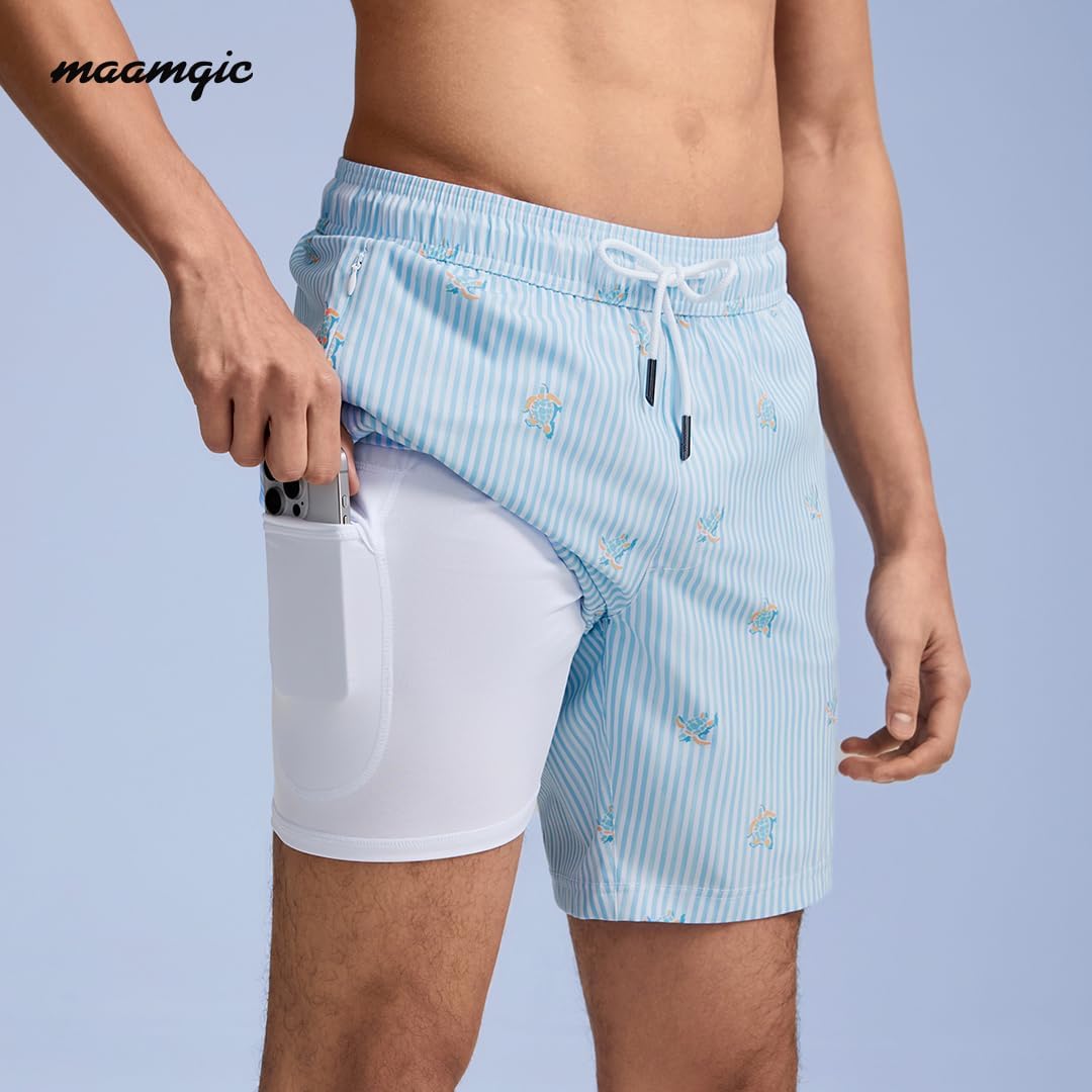 maamgic Mens Swim Trunks with Compression Liner 7" Bathing Suit Quick Dry Swimming Trunks for Men with Zipper Pockets - Image 2
