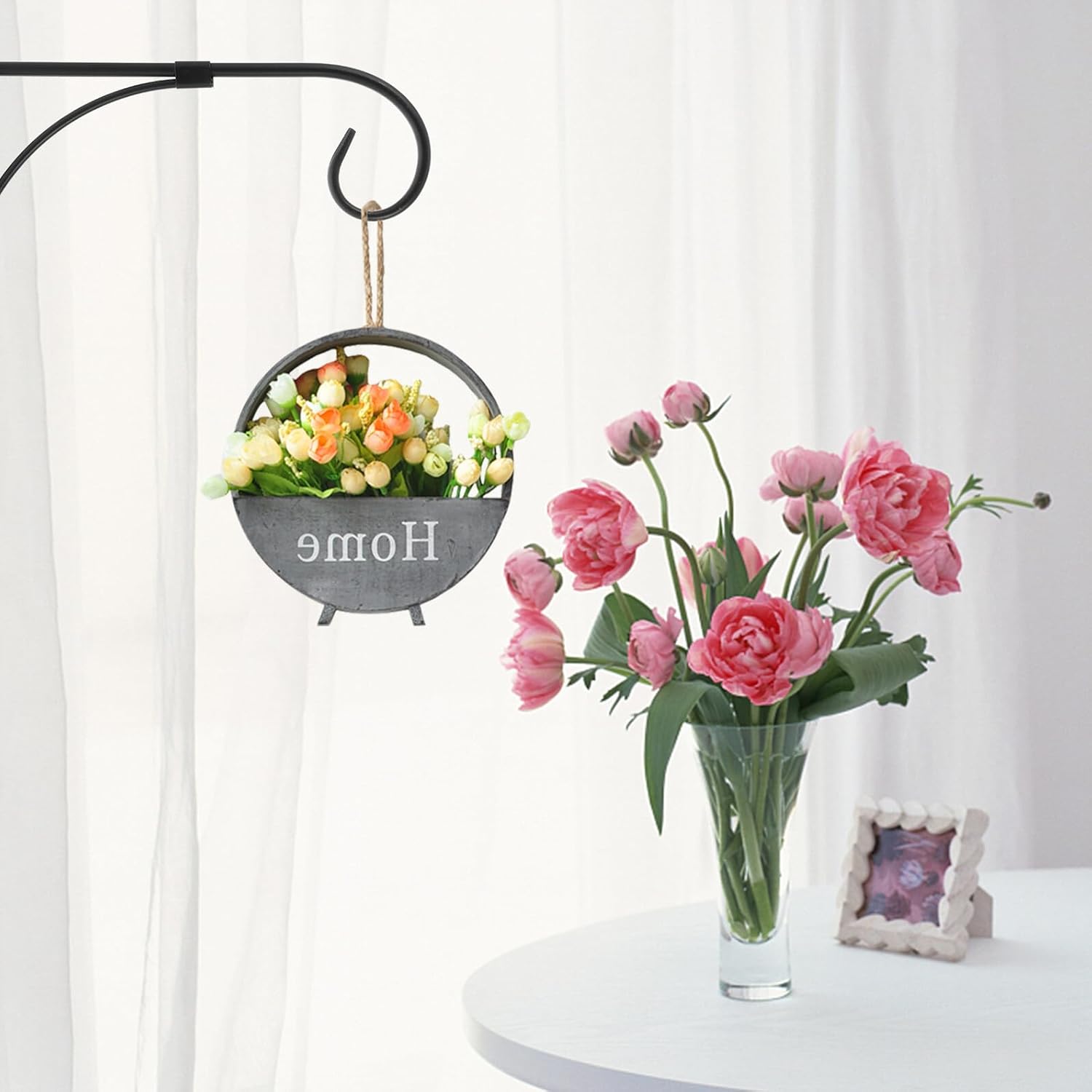 Abaodam 2 Pieces Black Metal Wall Mounted Plant Bracket Hooks for Hanging Flower Baskets, Outdoor Ceiling Plant Hangers for Balcony and Garden Decoration