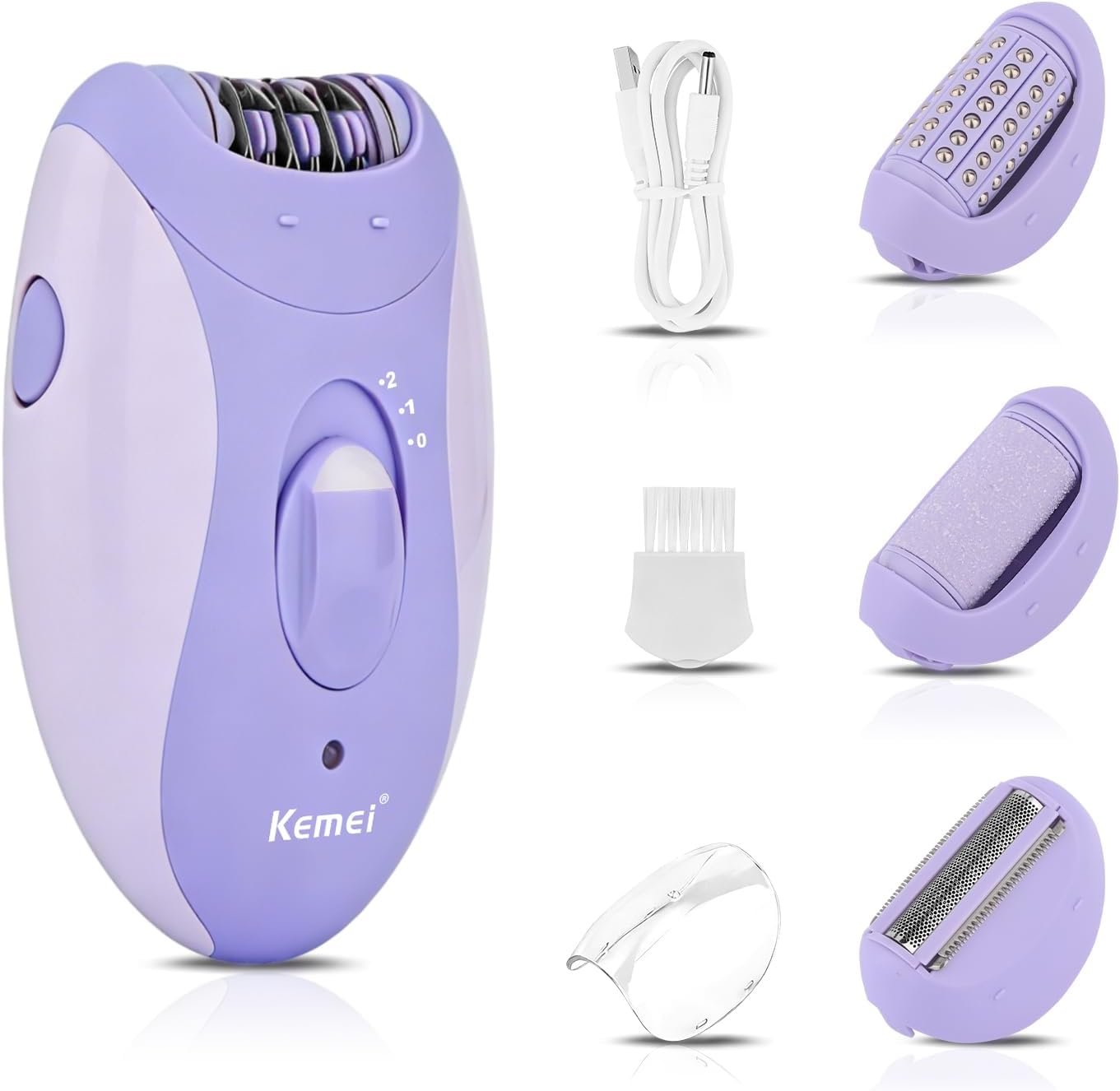 KEMEI 4-in-1 Women’s Hair Epilator, Suitable for Body Hair on the Face, Legs, Arms, Underarms and Bikini Line, 2-Speed Adjustment, Built-in Lighting, USB Charging