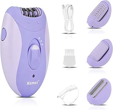 KEMEI 4-in-1 Womens Hair Epilator, Suitable for Body Hair on the Face, Legs, Arms, Underarms and Bikini Line, 2-Speed Adjustment, Built-in Lighting, USB Charging