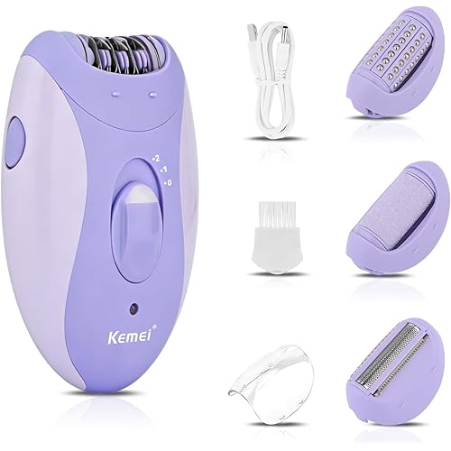 KEMEI 4-in-1 Women’s Hair Epilator, Suitable for Body Hair on the Face, Legs, Arms, Underarms and Bikini Line, 2-Speed Adjustment, Built-in Lighting, USB Charging