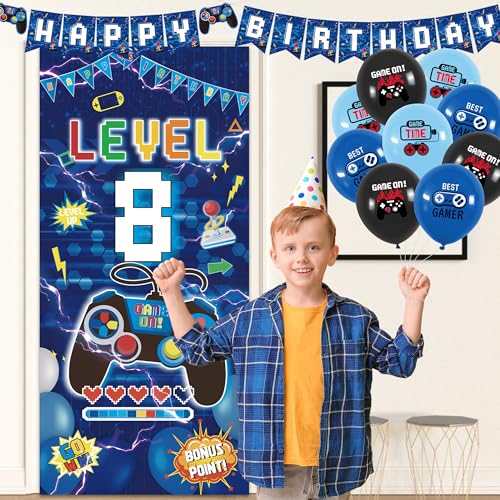 Image of Vlipoeasn Blue 8th Birthday Decorations for Boys, Video Game Level 8 Banner Backdrop Hanging Swirls for 8th Birthday Party, Gamer 8 Years Old Party Supplies