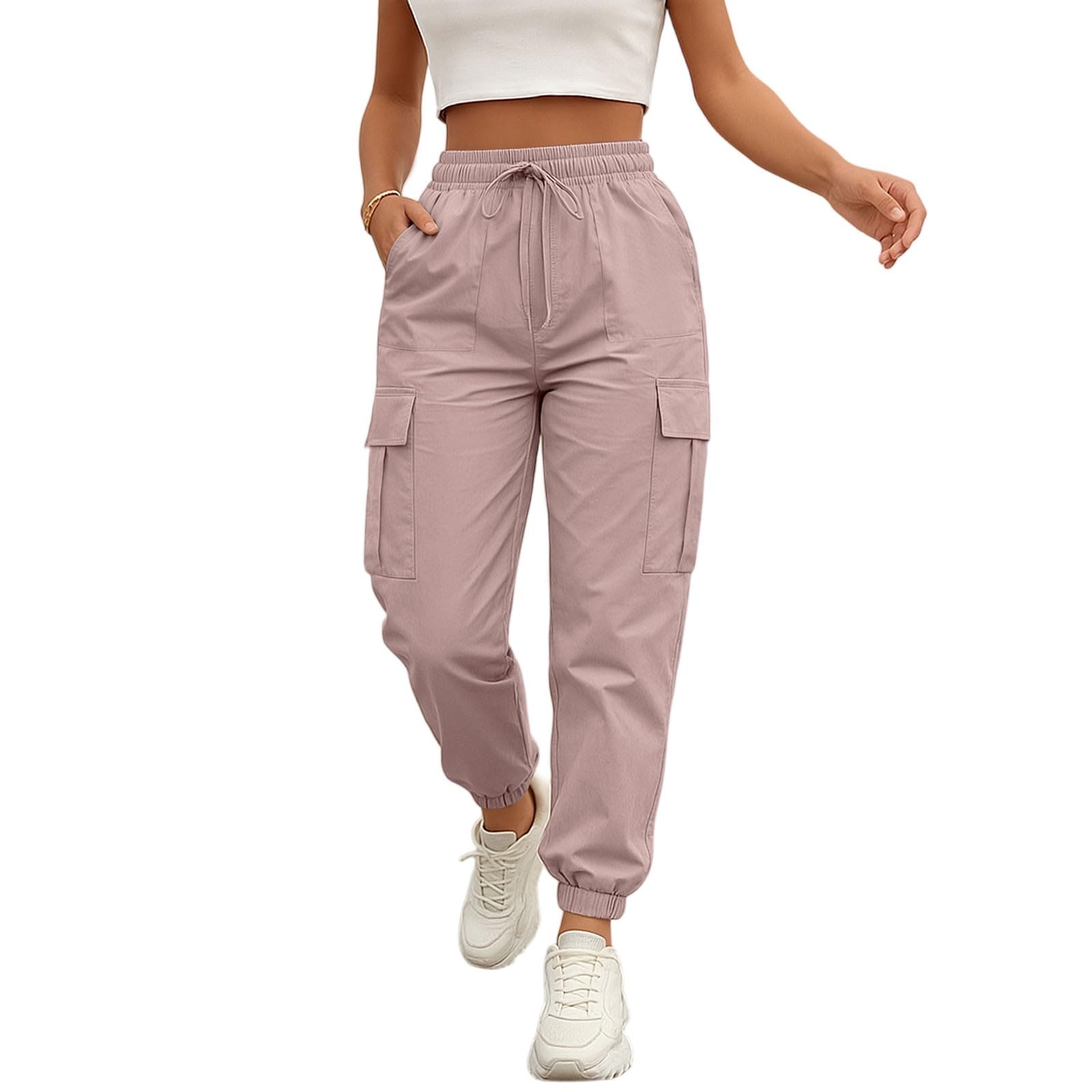 Cargo Pants Women Lightweight Drawstring High Waisted Straight Leg Joggers Quick Dry Hiking Track Pants with Pockets