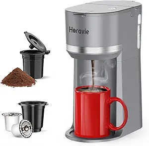 Mini Single Serve Coffee Maker for K Cup and Ground Coffee, Fast Brew One Cup Coffee Machine with Descaling Reminder and Water Window, 6 to 12 oz. Brew Sizes, Grey