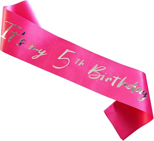 Banda de cumpleaños de 5 cumpleaños para niñas, banda de cumpleaños para niños de 5 años, banda suave de satén rosa intenso con letra de lámina Banda de cumpleaños de 5 cumpleaños para niñas, banda de cumpleaños para niños de 5 años, banda suave de satén rosa intenso con letra de lámina