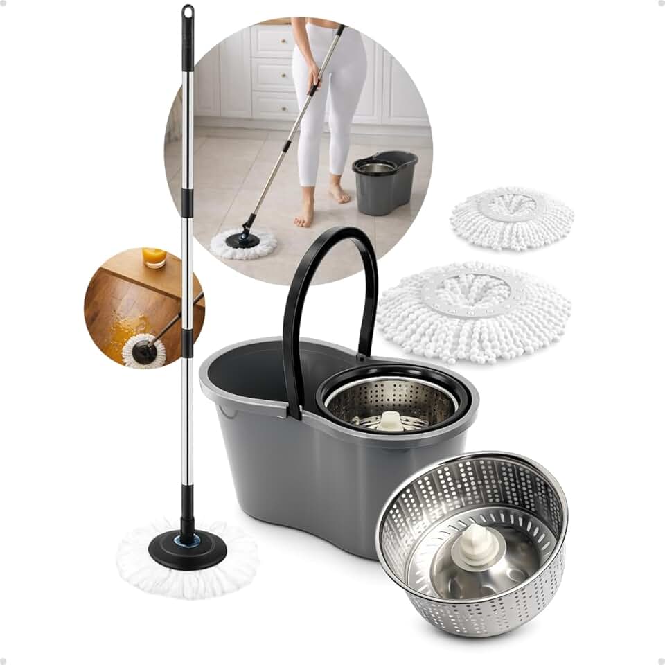 Mop Giratório 9L com Centrífuga em Inox – 2 Refis de Microfibra | Lava