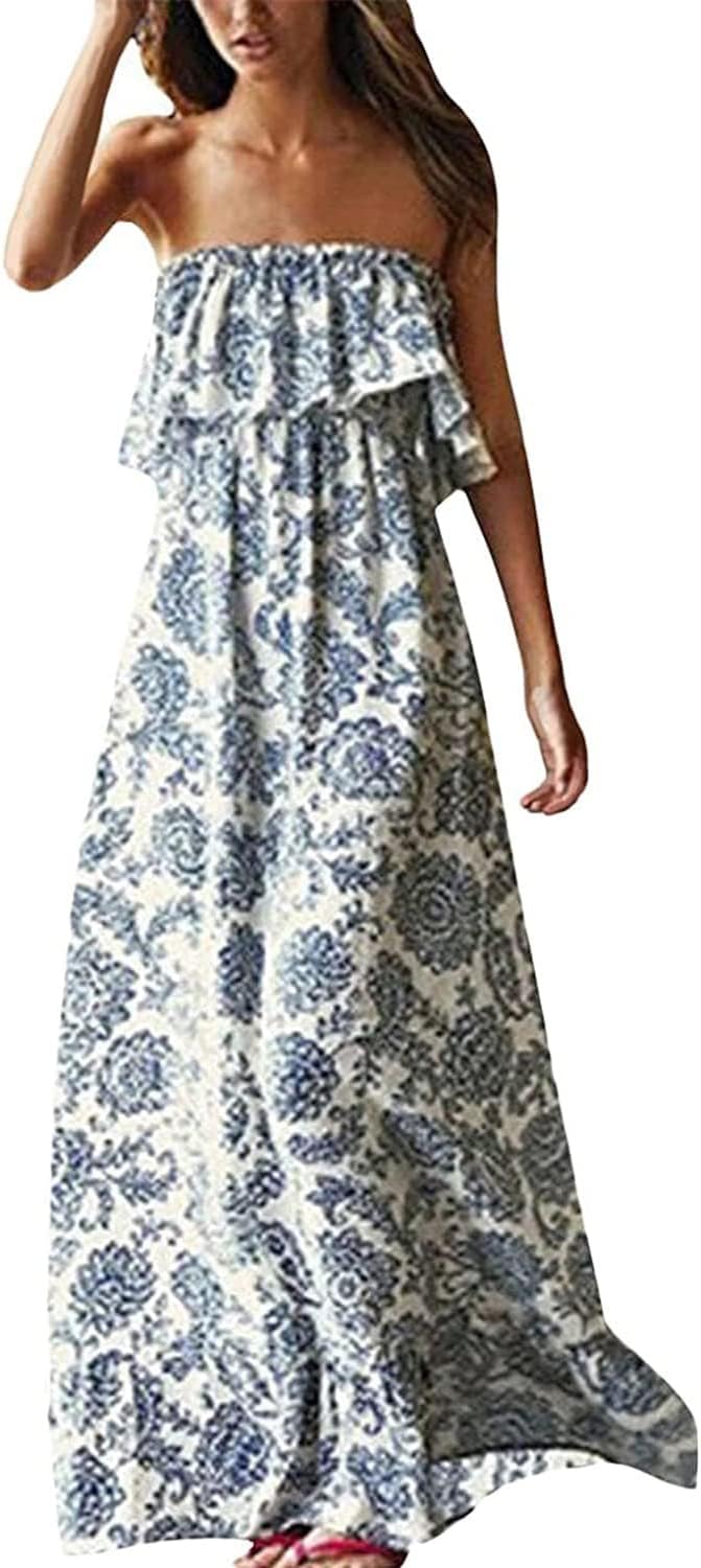 Women's Summer Off The Shoulder Maxi Dress Ruffle Strapless Blue White Porcelain Boho Casual Loose Long Dresses
