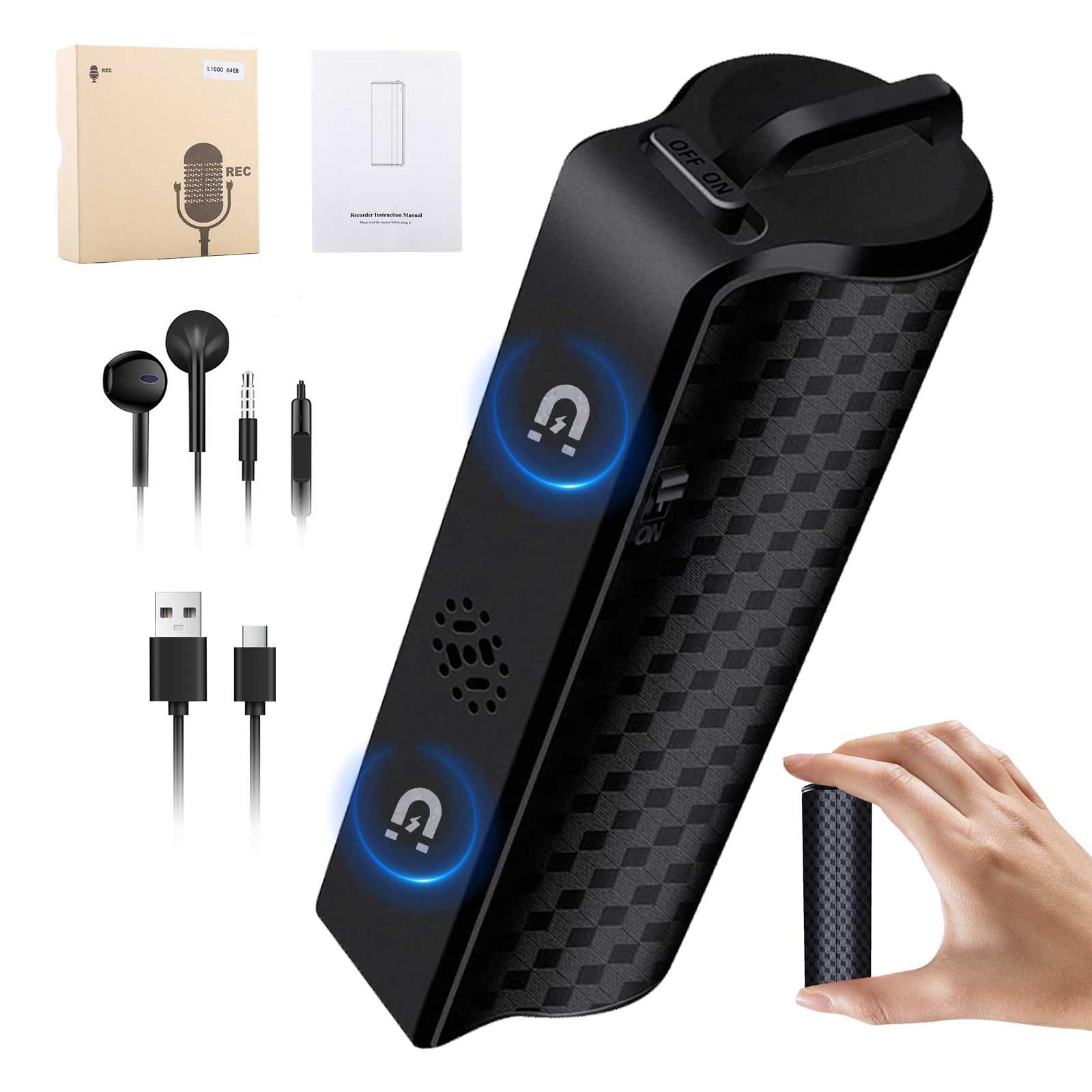 Enregistreur vocal magnétique 64 Go, 25 jours d'enregistrement continu, rechargeable via USB, activation vocale, enregistrement One Touch, mini enregistreur vocal pour réunions, cours et interviews