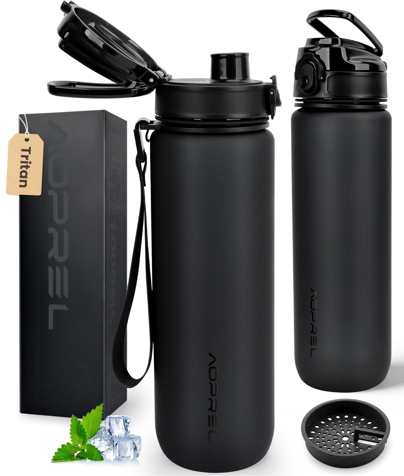 Aoprel Matte Black Leakproof Water Bottle 1L/650Ml With Time Marker, Bpa-Free Tritan