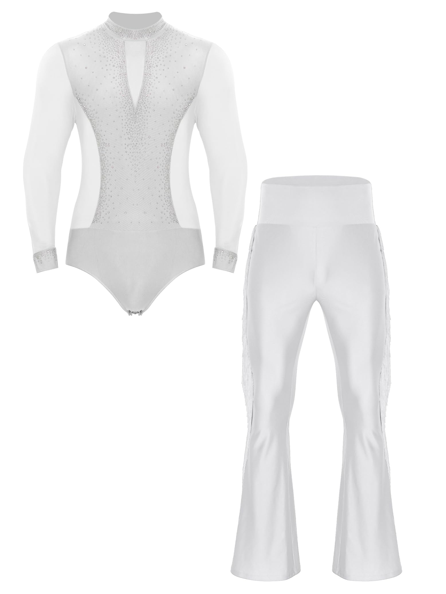 Traje de Patinaje Artístico para Hombres con Maillot de Danza y Pantalones Campana con Flecos Traje Baile de Salón Latín Jazz Tango Salsa Rumba Cha-Cha