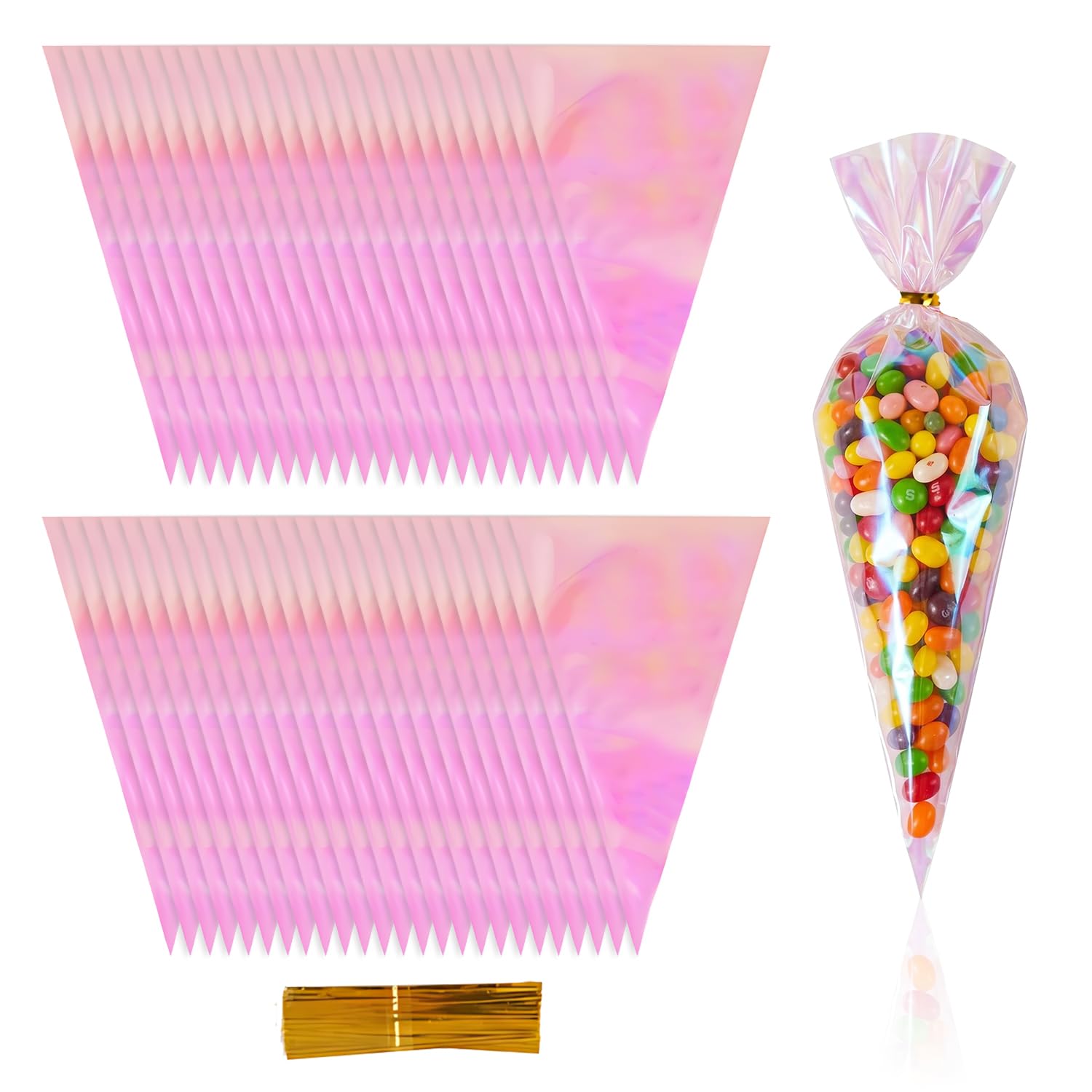 50pcs Clear Cellophane Sweet Cone Bags with Twist Ties, Triangle Treat Bags, Empty Candy Cookie Popcorn Snack Bags for Parties, Baking, Gifts, 18.5 * 30.5cm
